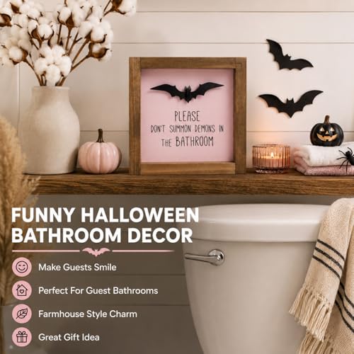 Pink Halloween Bathroom Sign with Bat Wall Decor - Restroom Shelf Sign, Humorous Witty Gothic Decor, Quirky Gift