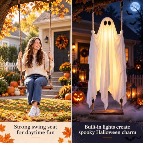 Large Outdoor Swinging Ghost Halloween Decoration - 4.5FT Hanging Ghost with Adjustable Ropes