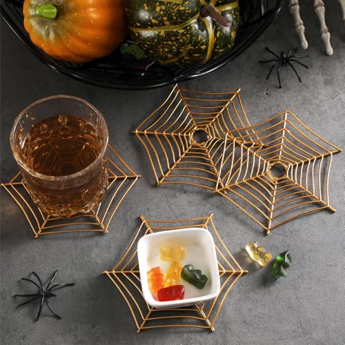 Halloween Coasters Set - Metal Spider Web Brass Drink Mats, 4 Pack