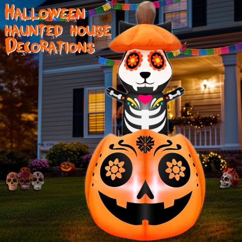 5 Ft Inflatable Halloween Skeleton Cat on Pumpkin with LED Lights - Day of The Dead Decor