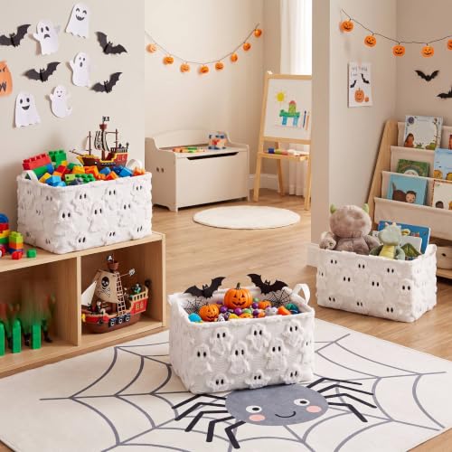 Halloween Ghost Storage Baskets Set of 3 - Small Faux Fur Plush Laundry Bins with Handles