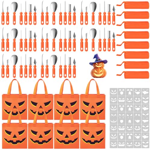 Halloween Pumpkin Carving Kit 160 Pieces Classic Style with Tote Bag & Stencils - 8 Person Set