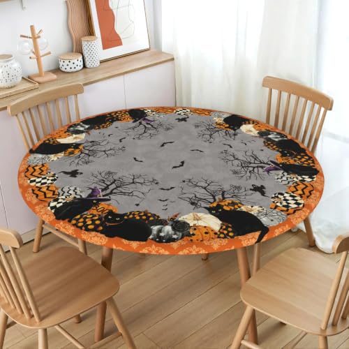 Grey Halloween Fitted Tablecloth with Black Cats Pumpkins & Bats - Waterproof 40-44 Inch Round