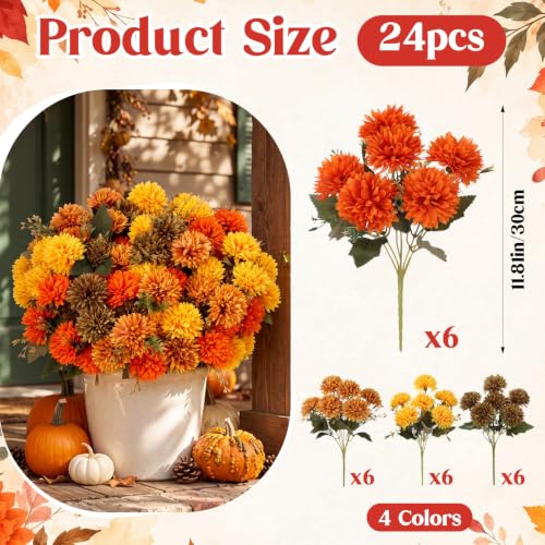 Artificial Fall Flowers Faux Silk Mums Set of 24 - Harvest Assorted