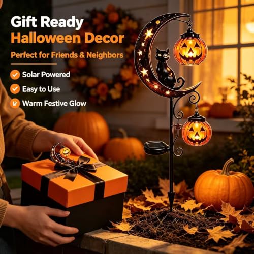 Halloween Solar Cat Garden Stake Light with Pumpkin Moon - Outdoor Yard Decor B