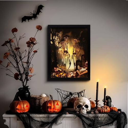 Spooky Skeleton Halloween Wall Decor with Built-In LED Lights - 16x12 Inch Frame