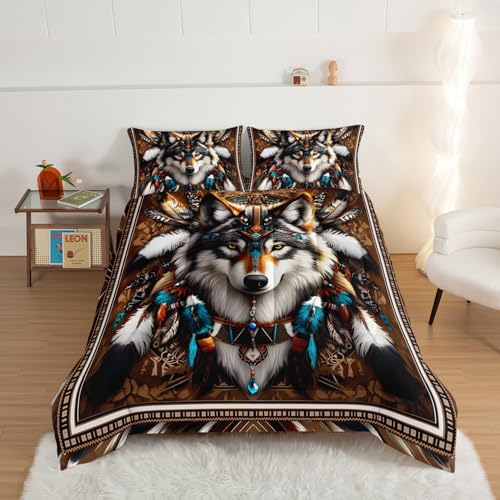 Wolf Twin Comforter Bedding Set with Pillowcases - Brown, Animal Decor