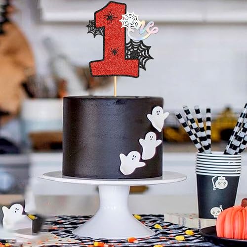 First 1 Number Cake Topper - Spider Web Birthday Party Decoration - Variation: One Red-9