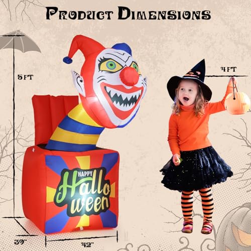 Halloween Inflatable Clown with LED Lights - 5 Ft Blow Up Yard Decoration with Ground Stakes, Indoor & Outdoor Use - Variation: Clown Box