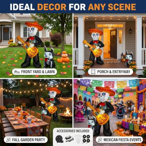 6 FT Halloween Inflatable Skeleton with Mariachi Guitar & Puppy - Outdoor Decor, Bright LEDs, Festive Yard Display (Skeleton)