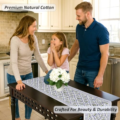 Light Steel Blue Hand Block Print Cotton Table Runner 16x70 Inches - Traditional Craftsmanship
