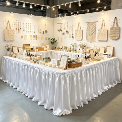 17ft Satin White Table Skirt for Rectangular Tables - Wrinkle-Resistant Party & Event Decor - White / 204" x 30"