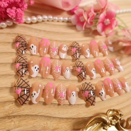 Halloween Short Almond Press On Nails Set - Colorful Ghost Spider Web Heart Rhinestone 8