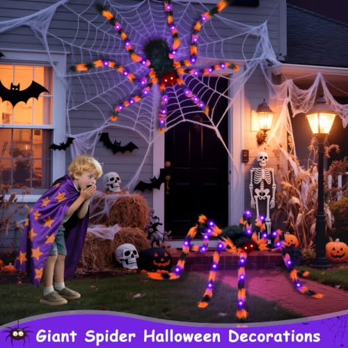 Giant Halloween Spider Decorations with 8 Light Modes & 30 LED Lights - Orange Black, 50 Inch, 2 Pack
