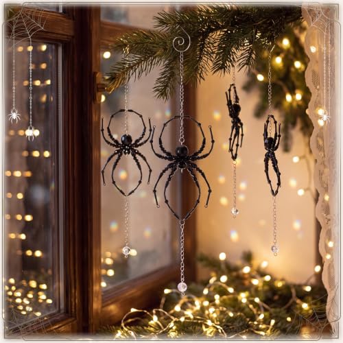 Large Black Halloween Crystal Spider Beaded Hanging Ornaments - Set of 4 with Hooks