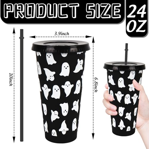 Halloween Ghost Plastic Cups with Lids & Straws - 24 Oz Reusable Tumblers for Party, Birthday & Baby Shower Decor, Black & White, Set of 12