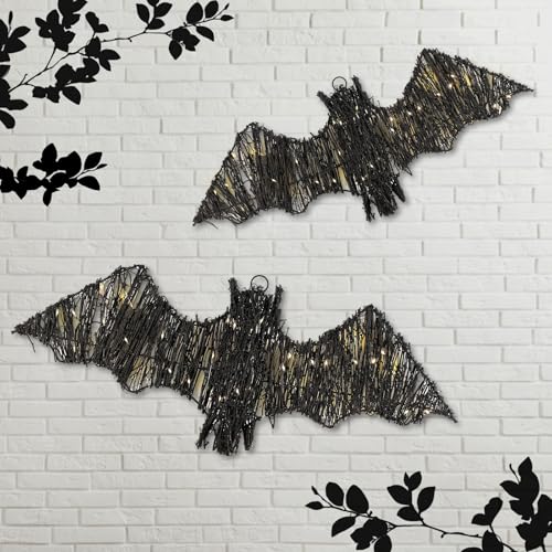 Halloween Rattan Bat Decorations with LED Lights & Timer Remote Set - Indoor Outdoor Spooky Decor