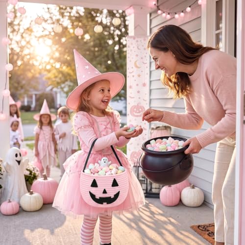 Pink Halloween Pumpkin Trick or Treat Basket for Kids - Festive & Durable