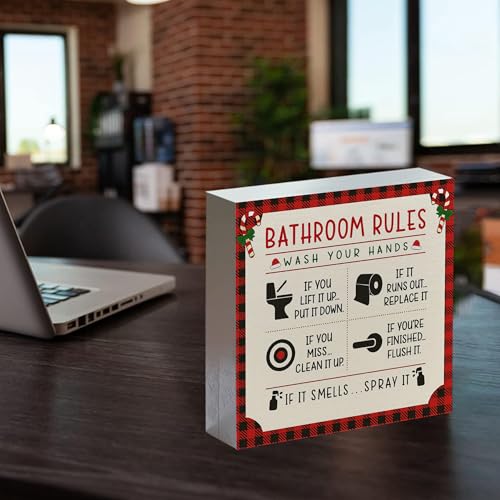 Christmas Bathroom Rules Wooden Sign - Farmhouse Holiday Decor, 5x5 Inch