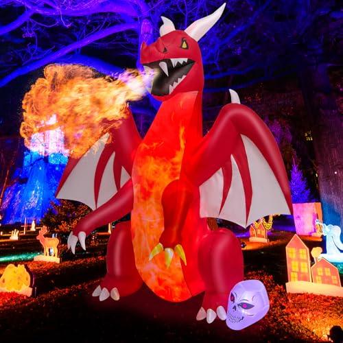 8ft Halloween Inflatable Fire Dragon Yard Decoration with LED Lights Waterproof