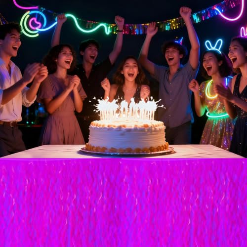 Fuchsia Glow in The Dark Party Table Skirts 2 Pack - Neon Wavy Metallic Tinsel Decorations
