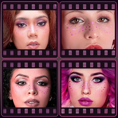 Pink Glitter Face Tattoos - 6 Sheets Sparkling Freckles & Metallic Face Gems for Festivals