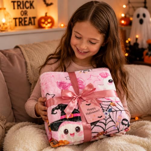 Pink Halloween Throw Blanket - Cute Ghost Pumpkin Pastel Decor 59x47in