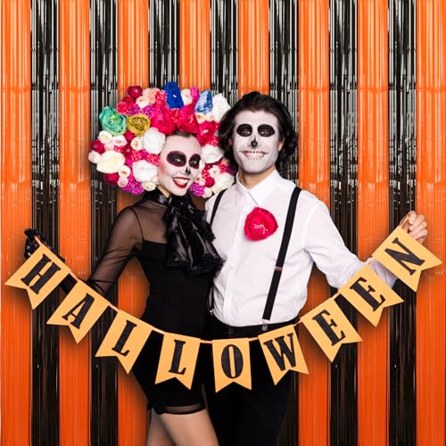 Black and Orange Party Streamers 3 Pack - Foil Fringe Curtains for Halloween & Holiday Decorations