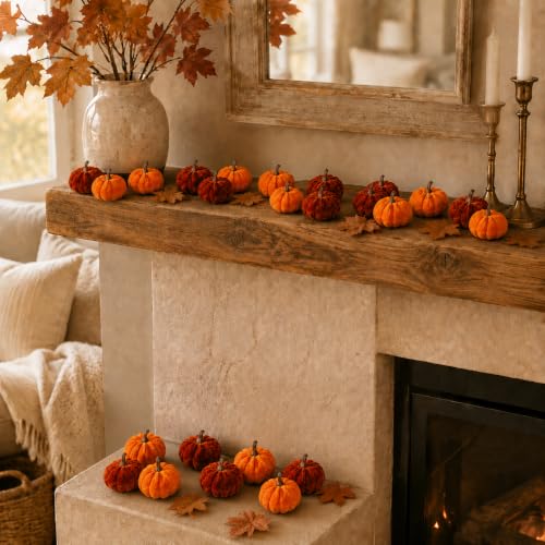 Orange Velvet Artificial Pumpkins Set - 24 Pcs Fall Decor for Thanksgiving & Halloween - Variation of Orange-24 Pcs