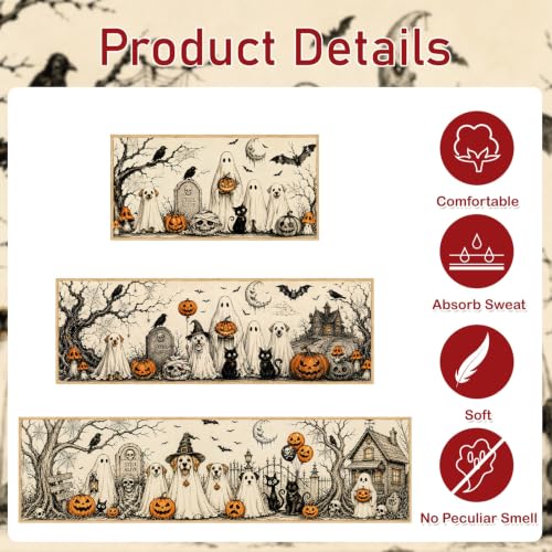 Halloween Kitchen Rug Set of 3 Spooky Ghost Dog Fall Decor Non-Slip Mats