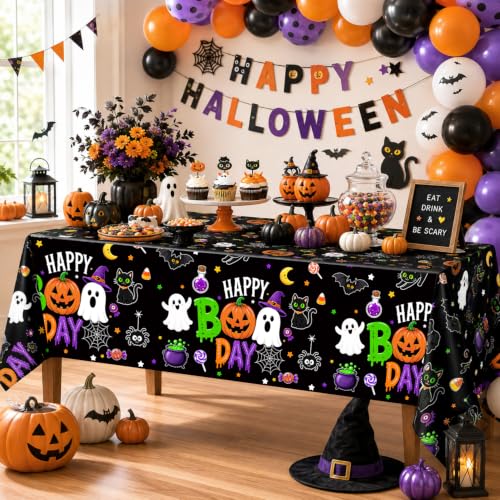 Halloween Tablecloth Set - Cute Ghost Pumpkin Black Cat - 54x108 Inch - 3 Pack