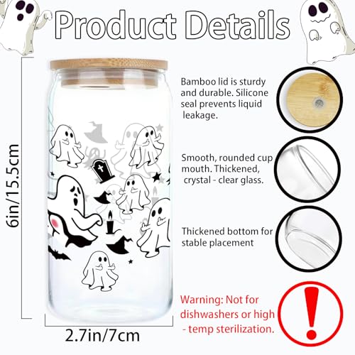 16oz Halloween Ghost Glass Cups with Lids & Straws - Cute Ghost Pattern, Gift Box Included