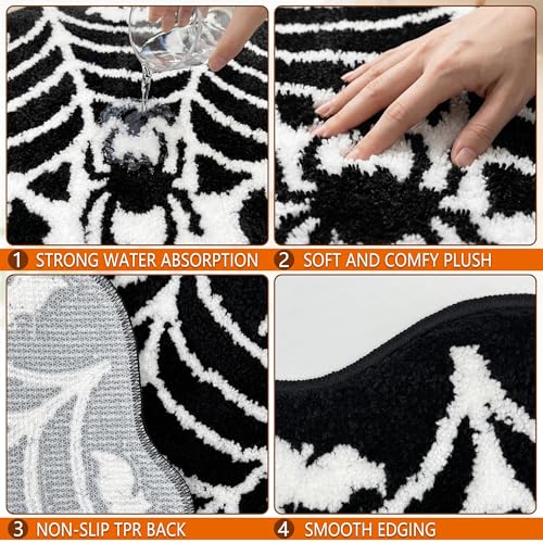 Halloween Spider Web Bath Mat - Gothic Bathroom Rug with Non-Slip Back - Spider Bath Variation