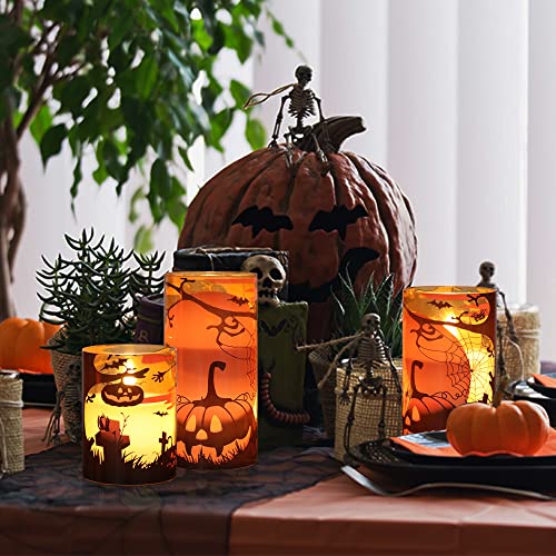 Halloween Candles with Pumpkins - Orange Flameless Glass Candles with Remote Timer - 3 Pack Indoor Decorations