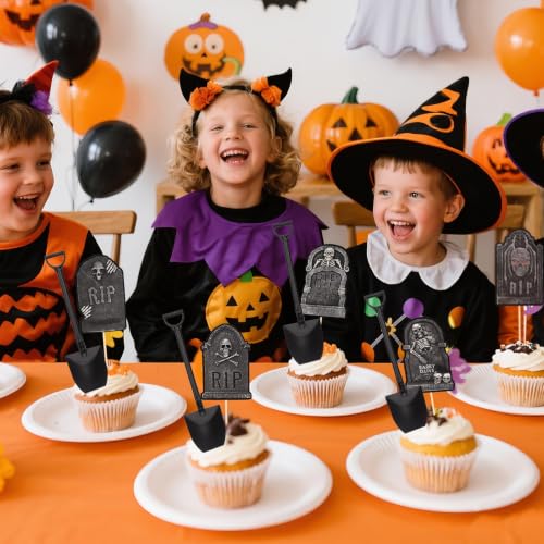Halloween Cupcake Toppers with Tombstone Graveyard Design - 48 Pcs Cake Decorations with Shovel Spoons