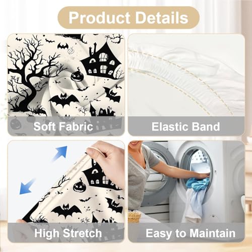 Halloween Chair Covers for Dining Room – Spooky Black & White Slipcovers with Haunted House & Bats, 4/04 Variation