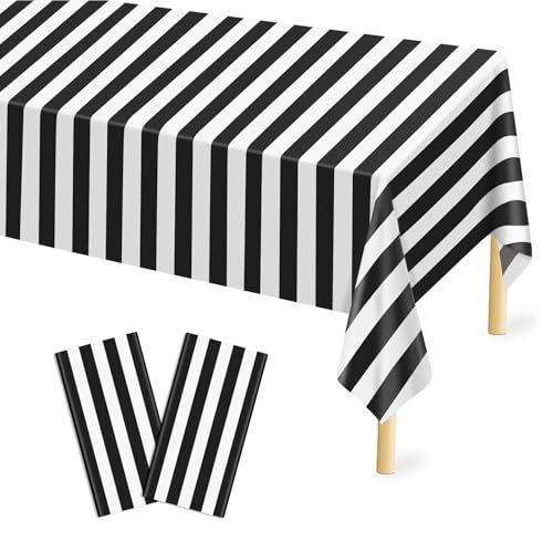 Black & White Stripe Tablecloth 2 Pack - 54 x 108 Inch Rectangular Disposable Cover - Party & Event Use