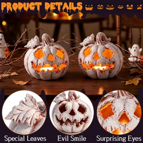 Gray 4.1 Inch Light Up Halloween Pumpkin Resin Jack O Lantern LED