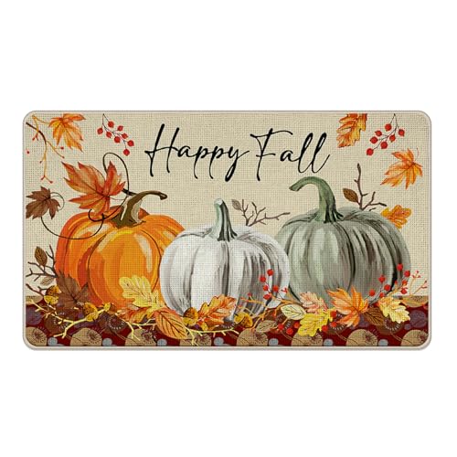 Happy Fall Pumpkin Doormat - Autumn Maple Leaves Front Door Decor