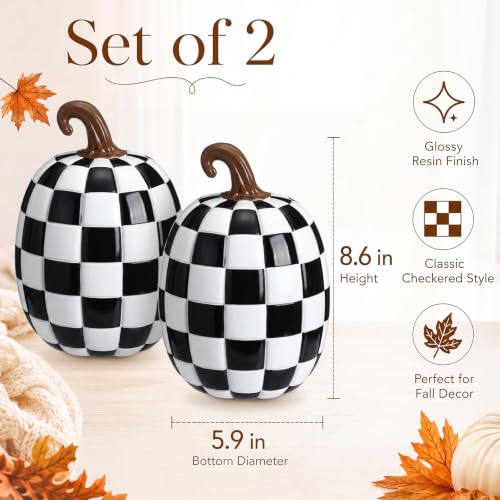 Large Black and White Resin Pumpkin Halloween Decor - 8.6 Inch Set
