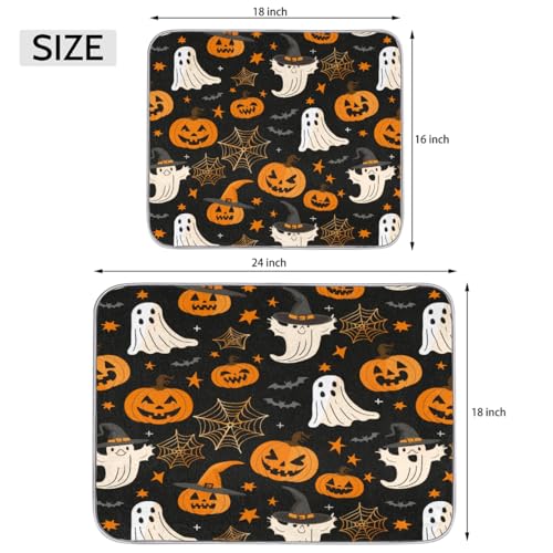 Halloween Dish Drying Mat - 18x24 Inch Pumpkin Ghost Spooky Web Design - Super Absorbent Microfiber Kitchen Counter Mat - Extra Large