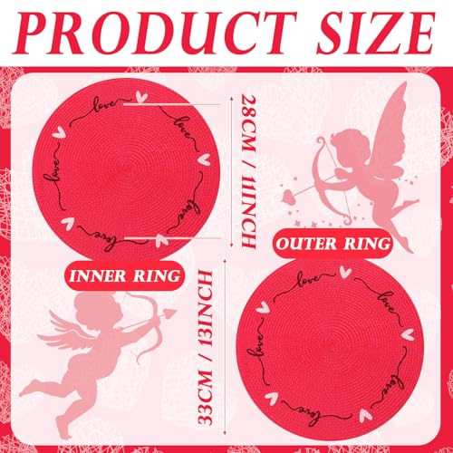 Valentine Heart Placemats Set of 6 - Red Love Design, Waterproof Table Mats, 13.4 Inch