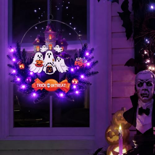 Pre-Lit Halloween Ghost Wreath with Timer for Front Door - Battery Operated, Autumn Decor