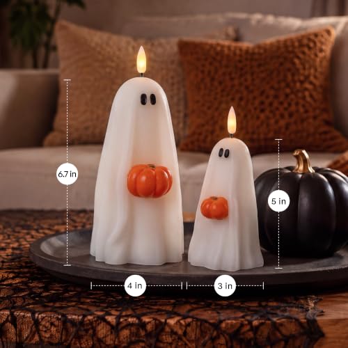Halloween Ghost Candle Holders with Pumpkin - Flameless LED Decor, Safe & Realistic Flicker