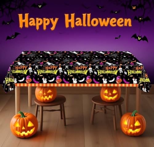 Halloween Tablecloths 3 Pack Waterproof Disposable Rectangle Cover - Black Ghosts & Bats Design, 54x108 Inches - Halloween