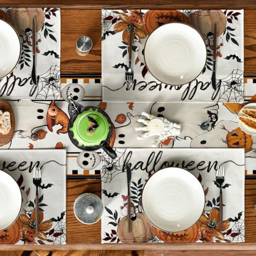 Set of 4 Halloween Spider Web Ghost Placemats 12x18 Inches - Vibrant Decor