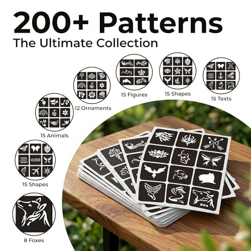Temporary Tattoo Stencil Kit - 6 Sheets with 58 Fox Patterns, Reusable & Skin-Safe