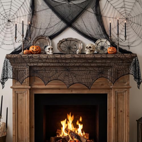 Halloween Black Lace Spiderweb Fireplace Mantle Scarf Cover - 18x96 Inch