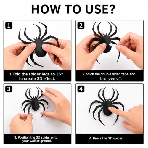 Halloween Spider Wall Stickers Set - 24pcs 3D Realistic Black Spiders with Foldable Legs - Waterproof Indoor Outdoor Decor - Adhesive Dot Included - Spd01