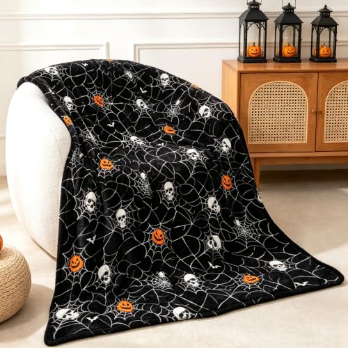 Halloween Throw Blanket Skull Pumpkin Spider Web - Spider Pumpkin Variation